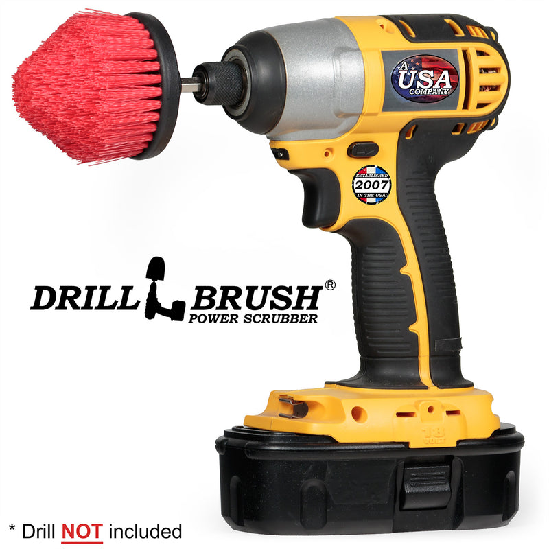 Drillbrush red stiff cone-shaped corner brush shown in a drill; drill not included