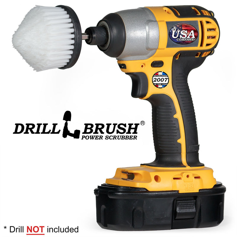 Drillbrush white soft cone-shaped corner brush shown in a drill; drill not included