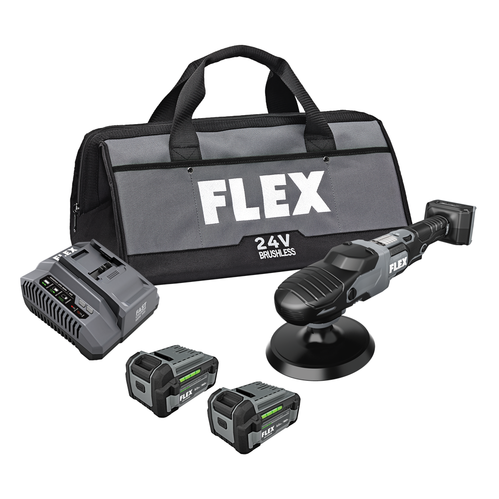 FLEX 24V Rotary Polisher Kit FX3311-2C with two batteries, charger and bag
