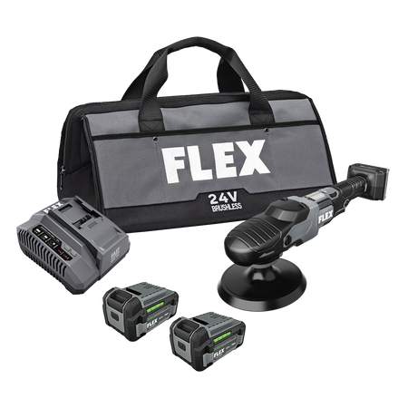 FLEX 24V Rotary Polisher Kit FX3311-2C with two batteries, charger and bag